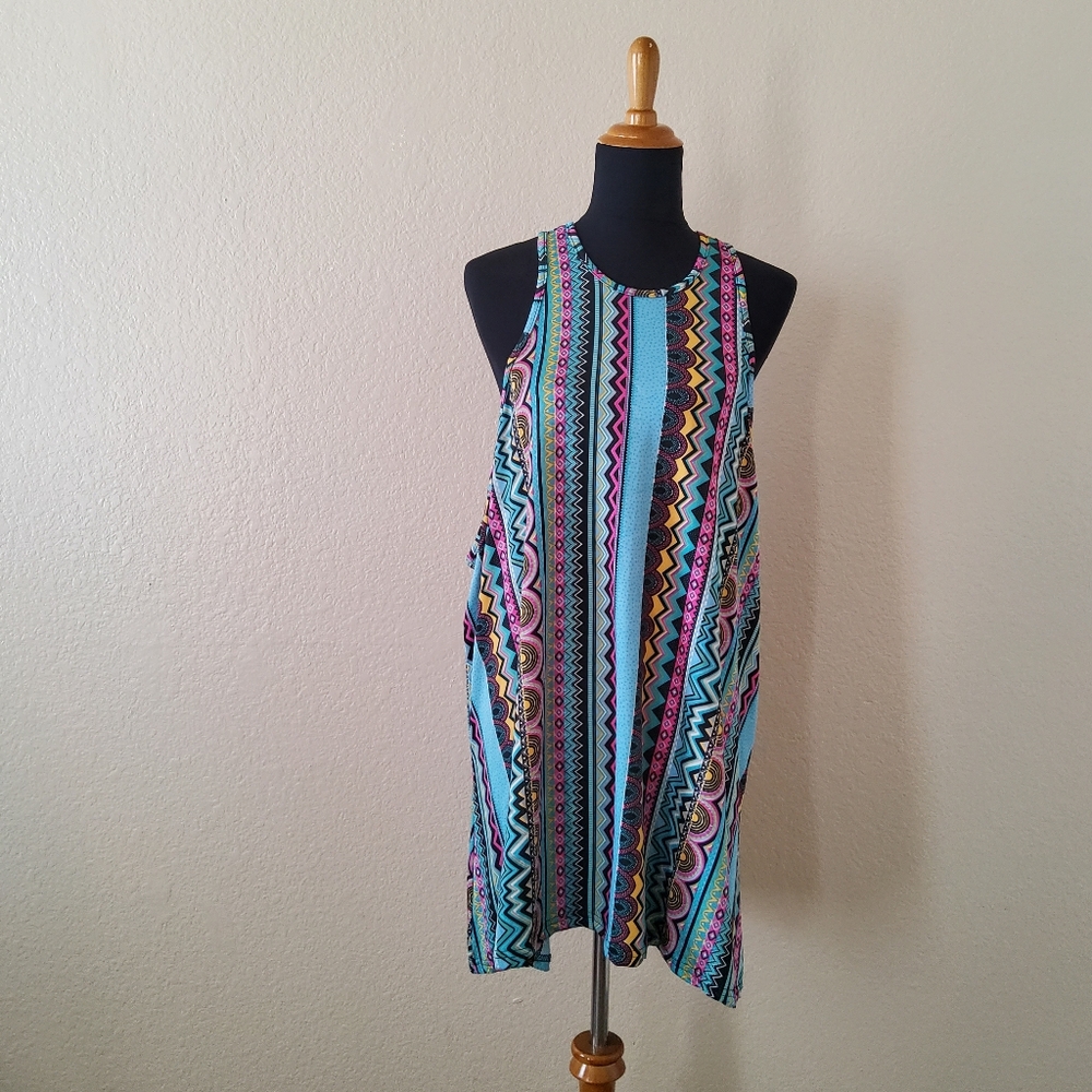 LF Red Leatherette Aqua Aztec Mini Dress One Size Blue New